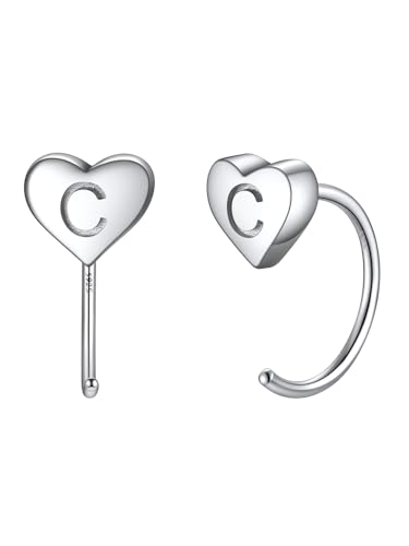 Silvora S925 Silver Half Hoop Earrings for Women Heart Initial Earrings - A-Z 26 Alphabet 7mm Wide Minimalist Huggie Earrings
