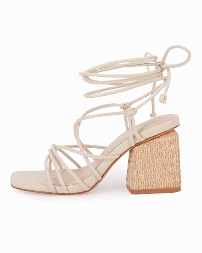Image of PiePieBuy Women's Lace Up Chunky Braided Heel Sandals Square Toe Strappy Ankle Strap Heels