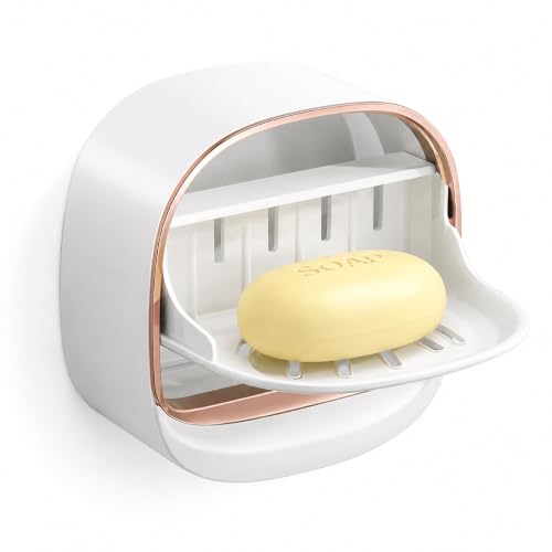 Image of Wall Mounted Soap Holder with Lid | Self-Draining Soap Case for Bathroom & Kitchen | No Drilling Soap Dish with Dust-Proof Cover (Pack of 1) (White)
