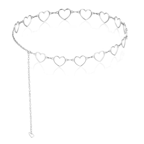 Ouligay Silver Belt Chain Metal Waist Chains Belt Y2K Silver Chain Belts for Women with Hollow Heart Design