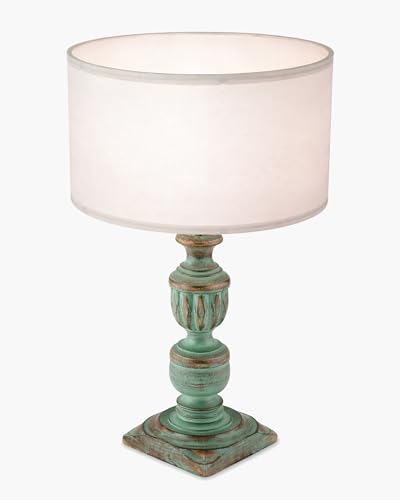 Image of Homesake Rustic Green Wooden Table Lamp for Home Decor | Bedside & Night Lamp for Bedroom, Living Room, Study Table | Vintage Light Lamp, Room Decor Light, KD Off-White Drum