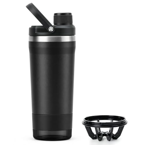 Shaker Proteinas Acero Inoxidable 700ml, Mezclador de Proteinas con Compartimento Polvo, Filtro Desmontable, Aislamiento Doble Pared, Antigoteo, BPA Free, Perfecto para Tiempo Libre y Fitness