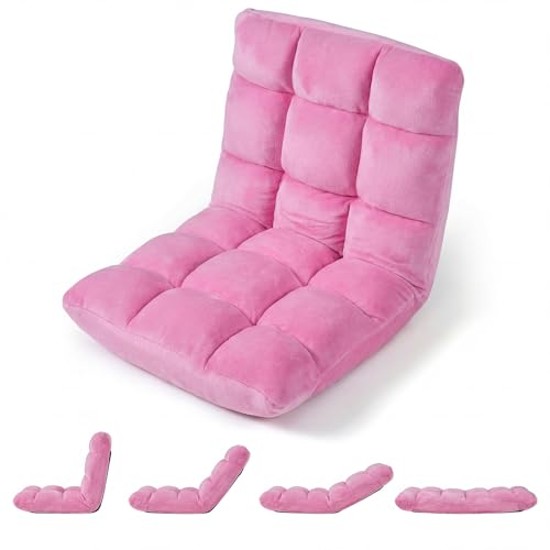 Image of Giantex Folding Floor Chair with Back Support, 14 Adjustable Position, Padded Sleeper Bed, Couch Recliner, Gaming Video Chairs for Adults, Meditation, Living Room (Light Pink)