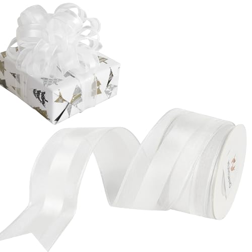 HUIHUANG White Wired Ribbon 1-1/2 inch Satin Stripe Sheer Wired Ribbon for Christmas Tree Bows Making Wreaths Garland Gift Wrapping Wedding Decorations-Continous 10 Yards