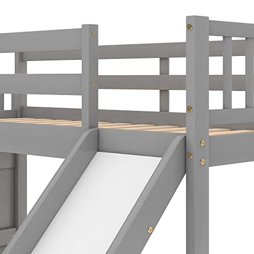 Image of Bellemave Bunk beds Twin Over Twin Size Slide and Stair Storage, Floor bunk Bed,Gray