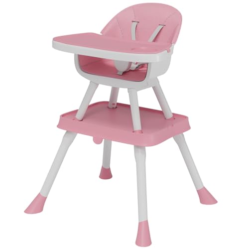 Image of High Chairs for Babies and Toddlers, 7 in 1 Convertible Highchair with Removable Seat & Dishwasher Tray Baby Feeding Chair with 5 Point Harness for Infant (Pink)