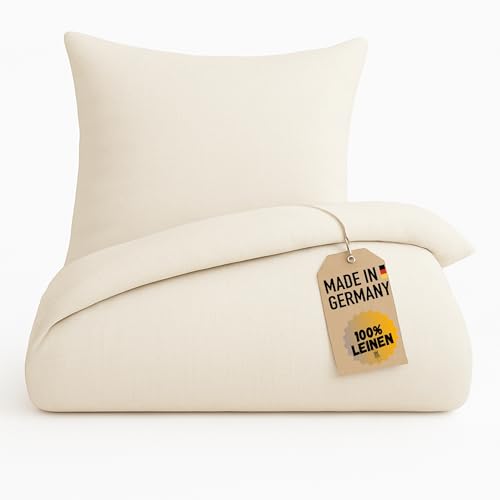 chambry Premium Bettwäsche 100 % Leinen - handgefertigt in Deutschland - atmungsaktiv temperaturausgleichend bügelfrei - Bettbezug 135x200cm + Kissenbezug 80x80cm - Ecru Weiß