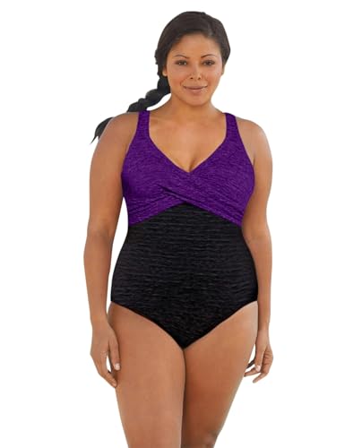 Krinkle Chlorine Resistant Acai and Black Plus Size Color Block Twist Front One Piece Swimsuit Size