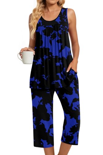 Image of TAOHUADAO Womens Summer 2 Piece Pajama Sets, Sleeveless Tops with Capri Pants, Lounge Ladies Pjs Sets with Pockets