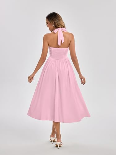 Image of Parthea Women's Floral Halter Corset Midi Dress 2026 Elegant Smocked Flowy Wedding Guest Dresses with Pockets