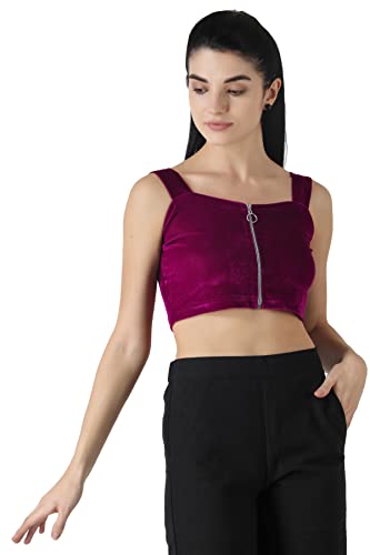 Image of POPWINGS Casual Solid Dusky Pink Velvet Front Zipper Crop Top for Women || Stylish Western Crop Top for Women || Sleeveless Women Top for Summer || Square Neck Stylish Top