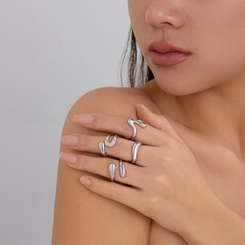 Chunky Gold and Silver Rings for Women - Adjustable Statement Open Bold Thick Stackable Rings Set - Gold Plated Jewelry2