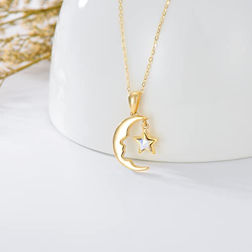 Mrenite Solid 14K Gold Moon Star Pendant Necklace For Women Real Gold Moon And Star Crystal Pendant For Girlfriend 14K Gold Valentine's Day Jewelry Gift For Wife #TOP2