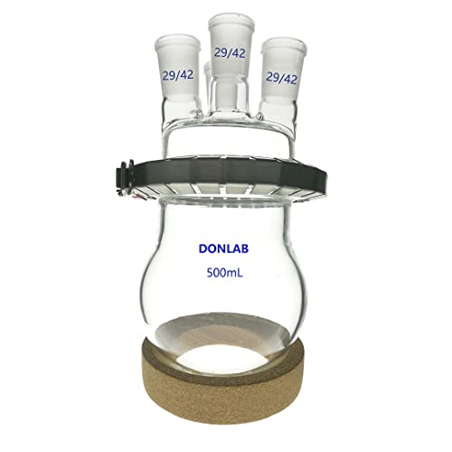 DONLAB CDM0500T3 500ml 4-Neck Spherical Round Bottom Reaction Kettle Flask Open Cover with Clamp & Cork Stands, with Four 29/42 Joints T-Type