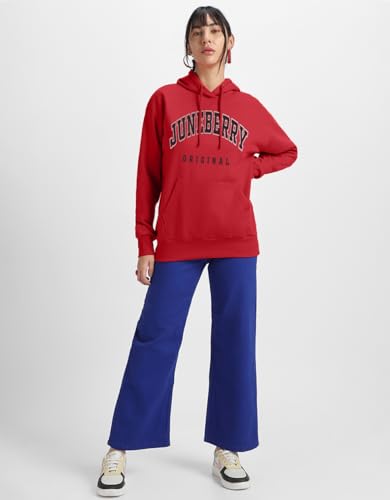 Image of JUNEBERRY Fleece Oversized Baggy Fit Hooded Sweatshirt Drop Shoulder Typographic Logo Printed Full Sleeve Hoodie for Women (Availabe Colors: Copper Tan, Rust & Red)