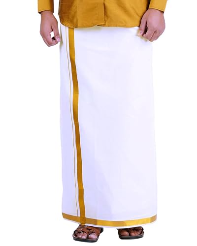 Image of PRAKASAM COTTON Mens White Premium Flexi Size Welcro pocket Dhoti (SS JARI-WHITE)
