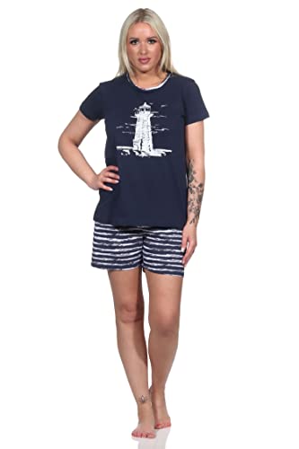 Normann Damen Kurzarm Shorty Pyjama mit Leuchtturm-Motiv - maritim - 122 205 10 756, Farbe:Navy, Größe:40-42