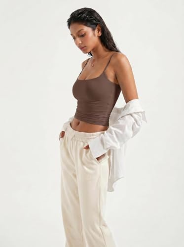 Women Summer Tank Tops Y2K Going Out Spaghetti Strap Crop Tops Sexy Square Neck Tanks Trendy 2025 Casual Sleeveless Basic Camisole Shirts (Brown,XS) — view 3