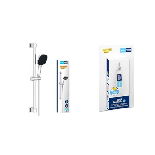 Grohe Vitalio 110 - Brausestangenset wassersparend ~8l/min + Kleber (3 Strahlarten, Brausestange 60cm, Kleben oder Bohren), eckig, chrom