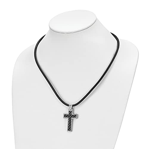 ICE CARATS Stainless Steel Black Carbon Fiber Inlay Cross Pendant On an 18 Inch Leather Cord Necklace Charm Religious Fashion Jewelry for Women Gifts for Her - Image 5