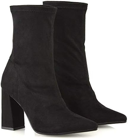 Womens Block Heel Sock Boots Ladies Black Micro Stretchy Pull On High Heeled Ankle Boot Shoes 9 B(M) US | Image 2