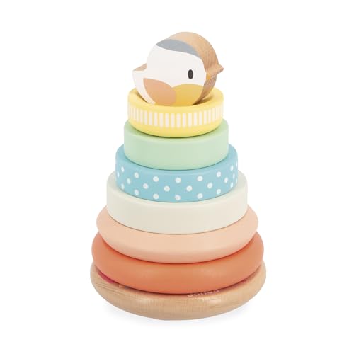 Janod Pájaro Culbuto Apilable de Madera - Juguete de Madera para la Educación Infantil - 7 Piezas para Apilar - Torre Apilable - Base Móvil - Juguete para bebés a Partir de 1 año - J05145