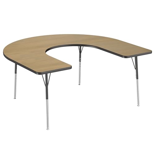 Image of FDP Horseshoe (60 x 66 inch) Collaborative Teacher Classroom Table with Adjustable Standard Swivel Glide Legs (19-30 in) School and Office Furniture - Pasadena Oak Top /Black Edge and Legs