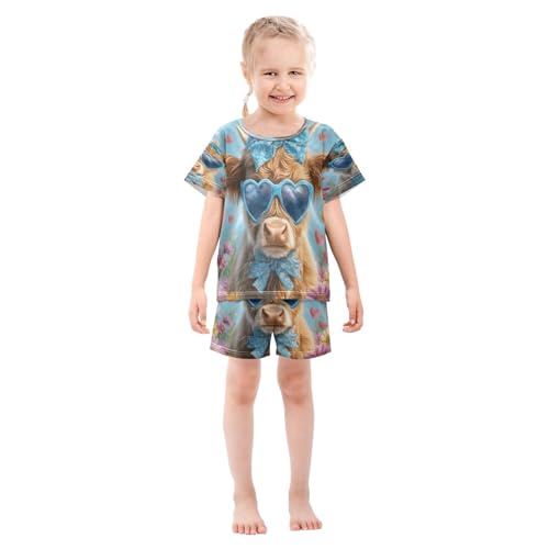 ALAZA Highland Cattle Flower Heart Pajamas Set Short Sleeve Cotton Sleepwear Summer Pjs 2 Piece 5-14Y3