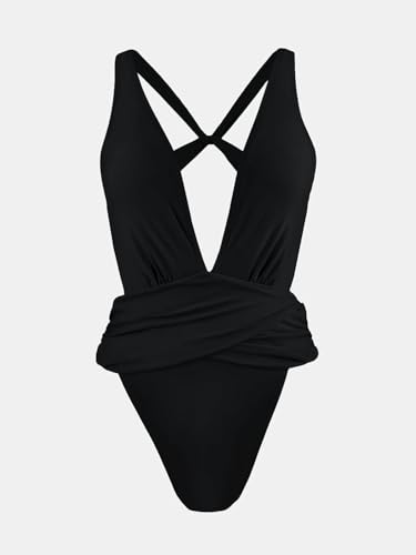 One Piece Swimsuit for Women Bathing Suit Cut Out Cross Back Tie Deep V Neck Ruched High Cut4