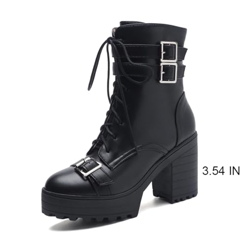 Image of FOREADA Goth Boots Chunky Heel Boot For Women Ankle Combat Booties Black Platform Bootie Buckle Rivets Punk Goth Shoes With Zipper
