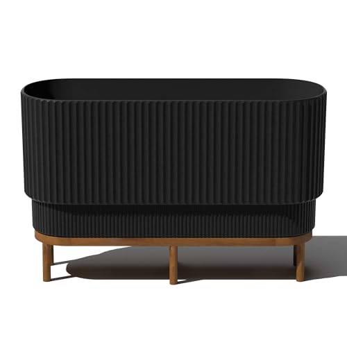 Veradek Demi Series Raised Long Planter for Indoor/Outdoor Use | Made from Plastic & Stone w/Wooden Stand | Modern Patio Décor for Flowers/Shrubs
