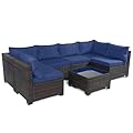 LEVELEVE 7 Pieces Outdoor Patio Furniture Sets,Rattan Conversation Sectional Set,Manual Weaving Wicker Patio Sofa with Tea Table