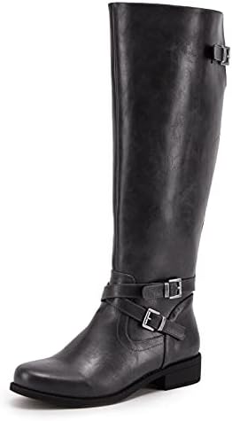 Ermonn Womens Knee High Riding Boots Medium Calf Chunky Flat Low Heel Combat Boots Buckle Winter Shoes