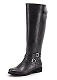Ermonn Womens Knee High Riding Boots Medium Calf Chunky Flat Low Heel Combat Boots Buckle Winter Sho