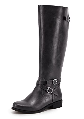 Ermonn Womens Knee High Riding Boots Medium Calf Chunky Flat Low Heel Combat Boots Buckle Winter Shoes #TOP11
