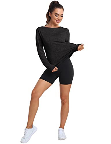 Yoetaun Womens Lightweight Exercise Shirts Long Sleeve Round Neck Loose Gym Workout Top Soft Sporty Tshirt Black S #TOP4