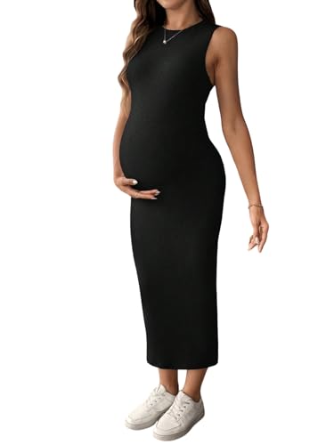 GORGLITTER Damen Umstandskleid Ärmellos Strickkleid Rundhals Midikleid Stretch Schwangerschaftskleid Bequem Freizeitkleid Sommer Outfit Schwarz S