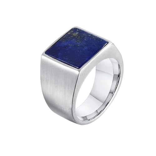 Aotiwe Bague pour Homme Acier Inoxydable, Bague Fiançailles Argent Chevalière Carrée avec Bleu Foncé Lapis Lazuli Taille 64