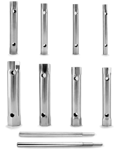 QWORK Spark Plug Wrench Set, Box Spanner Set, 10 Pcs Tubular Spanners, Steel Tube Spanner and T Bar Tool Kit 6 x 7-20 x 22 mm with 2 Tommy Bars