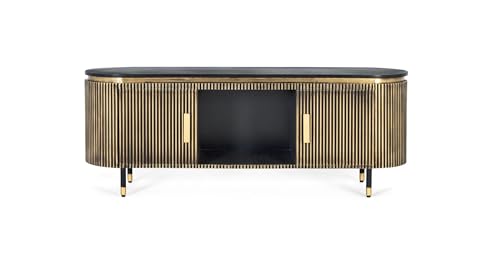 Mueble TV - Mueble de Televisión - Decoración Salón - Madera de Mango y Bronce – Frentes Acanalados con Revestimiento Metálico – Almacenaje Bajo para Salón – Bronce y Negro – 56 × 150 × 40 cm
