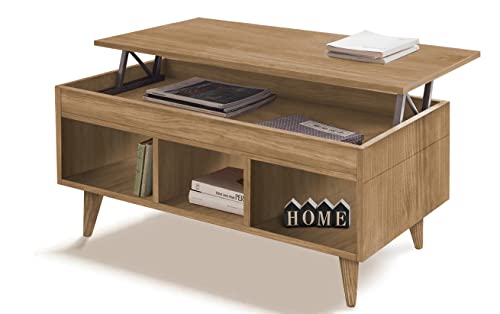HOGAR24 ES Mahi - Mesa Centro Elevable con Almacenaje y Estantes. Madera Maciza Natural, Acabado Encerado. Medidas: 100cm x 50cm x 47cm.