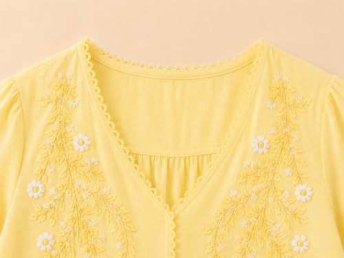 Image of RIEKA Womens Embroidered Korean Style Top and Tunic; V Neck| Floral Thread Embroidery| Three Quarter Puff Sleeves |Relaxed Fit Curved Hem| Casual Everyday Fusion Top