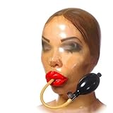 Latex Hood BDSM Sexy Transparent Full Face Mask with Inflatable latex Plug Back Zipper for Cosplay Party(Size:L-68CM)