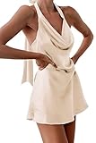 Cantonwalker Women's Cowl Neck Halterneck Slip On Backless Satin Mini Dress Sexy Silky Party Club Bodycon Dresses 0213 (L, Beige Satin Dress)