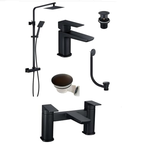 Matt Black | Square Thermostatic Overhead Shower Kit with Basin Tap, Bath Filler and Wastes | Complete Pack | Inc All Wastes | Matt Black Finish |
