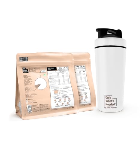 Image of ONLY WHAT'S NEEDED By Food Pharmer - Whey Protein Isolate 500gms*2 | 24g per scoop | Cocoa Edition + Metal Shaker 750ml | Stainless Steel | BPA-Free Cap