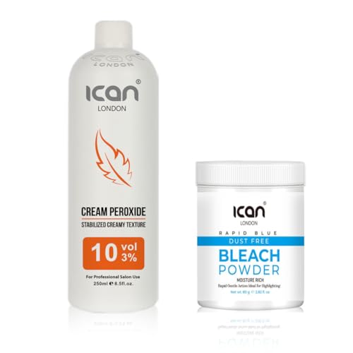 ICAN LONDON PROFESSIONAL CREAM PEROXIDE 10 VOL 3% 250 ML + RAPID BLUE POWDER BLEACH 80 G JAR SET