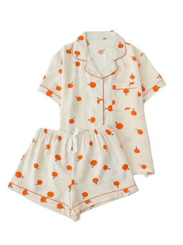 Verdusa Pajamas For Women Set 2 Piece Summer Pajama Sets Cute Pjs Lounge Matching Button Shirt with Shorts Orange Apricot Medium
