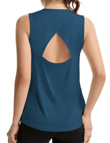 LURANEE Open Back Workout Tops for Women,Lightweight Stretchy Criss Cross Back Sleeveless Crew Neck Tank Top for All Sports Black Blue XL