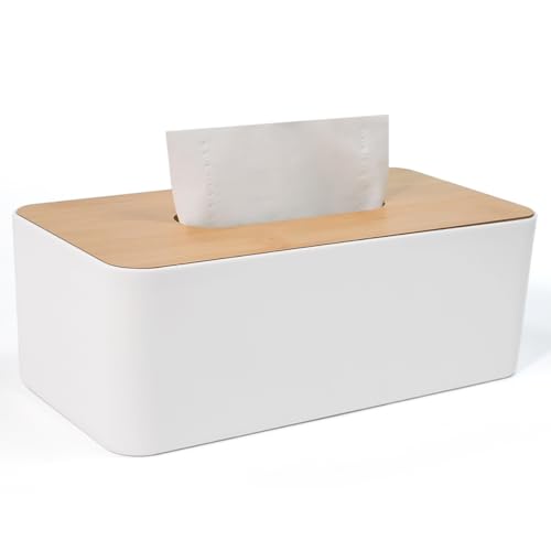 UHETLET Kosmetiktücher Box Holz Tücherbox mit Deckel aus Bambus Taschentücher Box 26x13x9cm Tücherbox Weiß Nachfüllbar Taschentuchbox Quadratisch Tissue Boxen Taschentuchspender für Handelsübliche